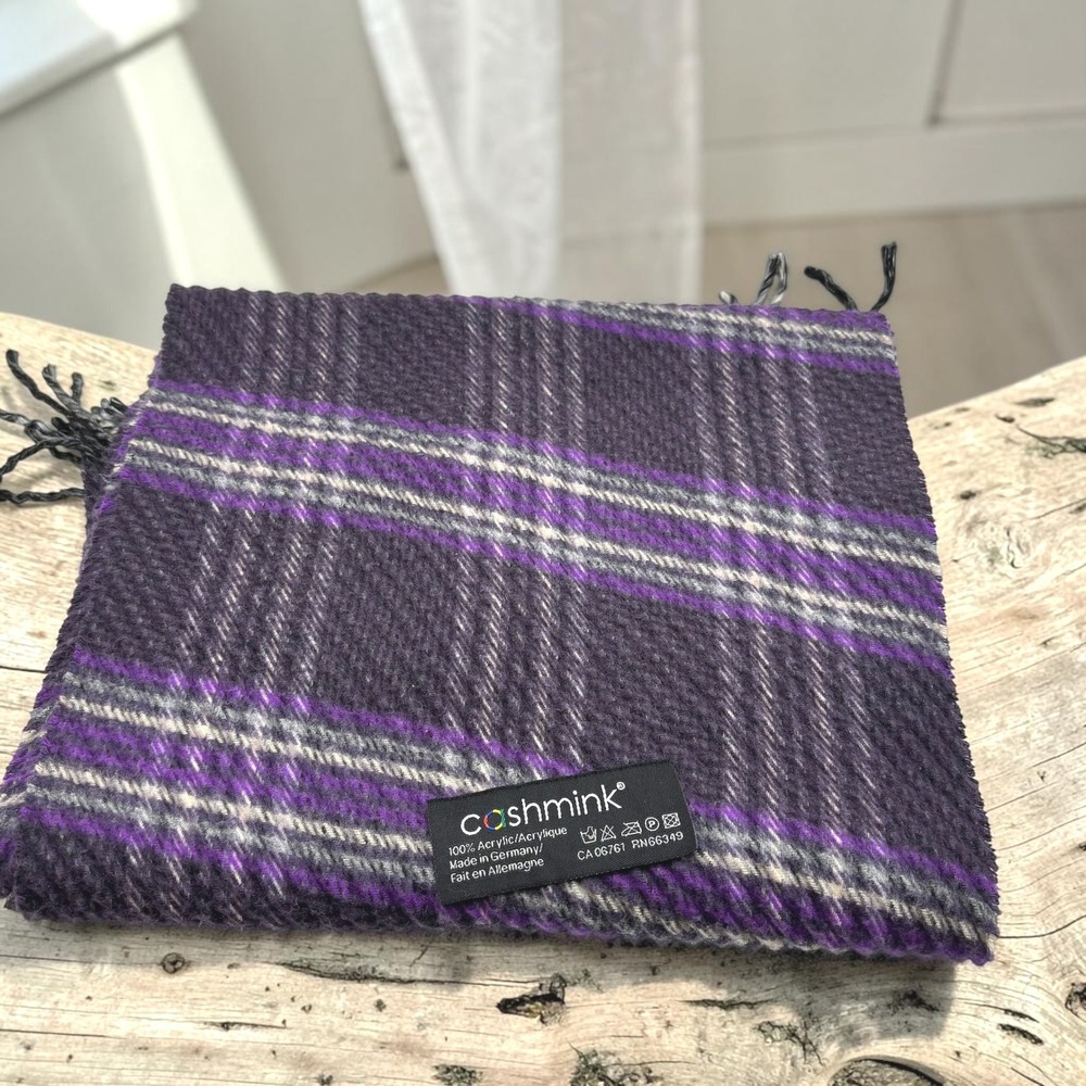 Scarf Cashmink Purple Black Acrylic Plaid Bias Waffle Made in Germany Fringed